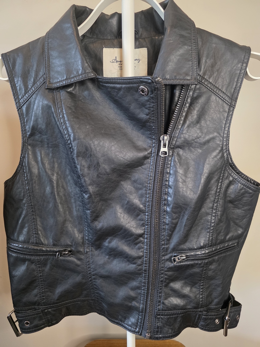 American Rag Black Faux Leather Moto Vest Women's Size L Asymmetrical Zip Biker